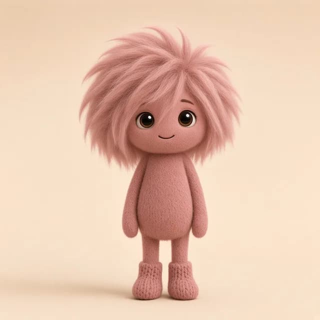 Concept art of creature C02: Dusty rose stick figure with a wild wool-fur mop and knit boots