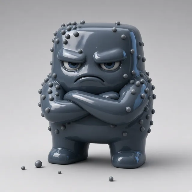 Concept art of creature V04: Arms-crossed shiny block shedding little plastic pills